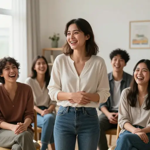 她正在讲笑话，突然大家都狂笑不止。