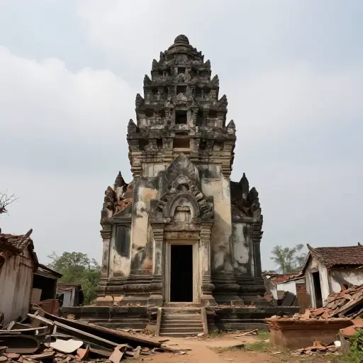 尽管发生了毁灭性的地震，这座古老的寺庙依然完好无损地矗立。