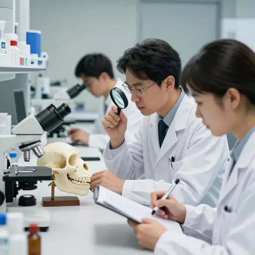 科学家们在实验室研究灵长类动物的猿类特征。