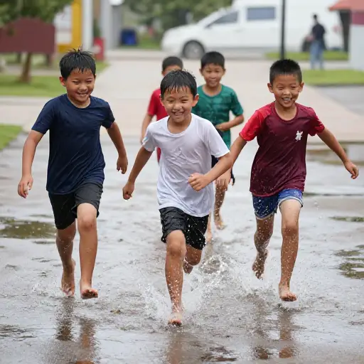 孩子们溅着水穿过水坑。