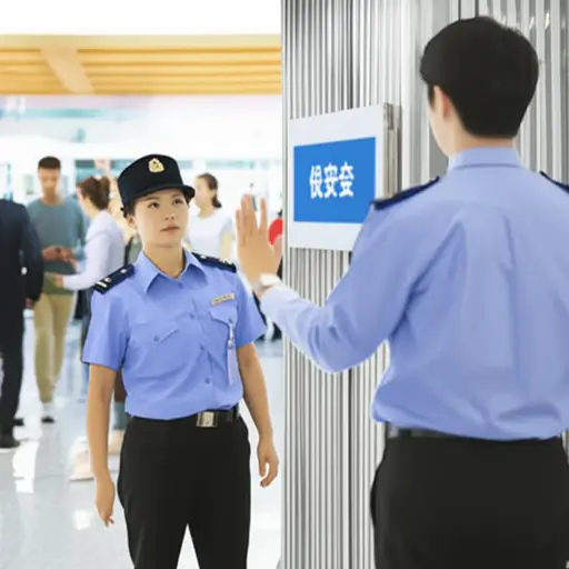 保安拒绝让没有证件的人进入会场。