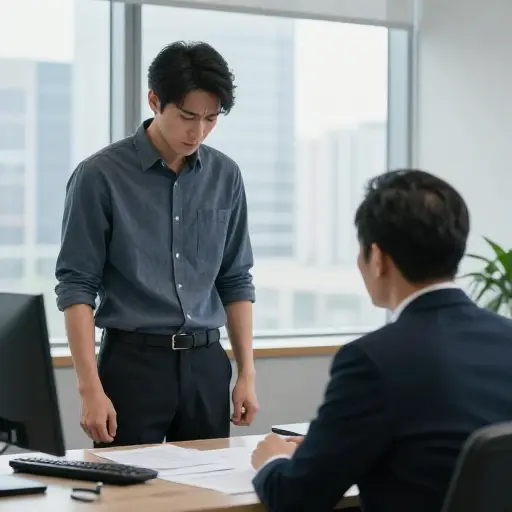 在工作中犯了一个严重错误后，他知道他必须向老板认错接受批评。