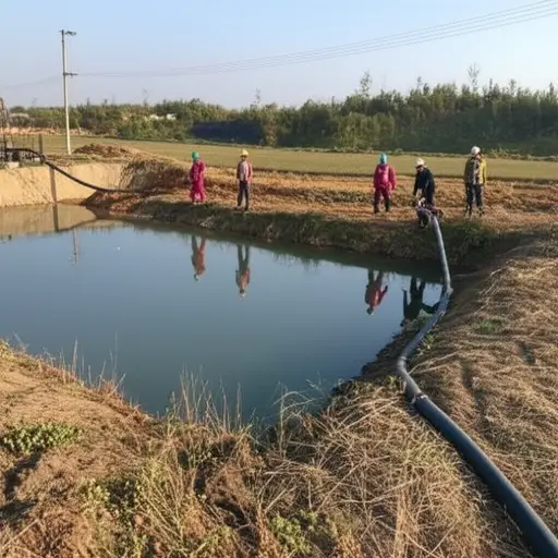 工人们用抽水机把池塘里的水抽干了。