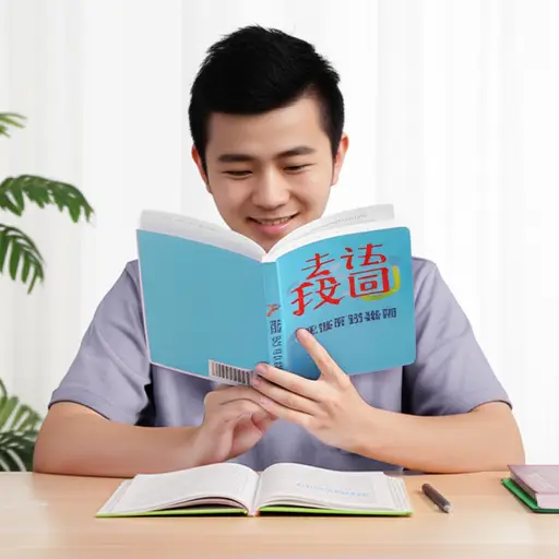 他在学习英语，现在能够进行简单的日常对话了。