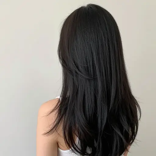 她乌黑亮丽的头发垂在她的背上。
