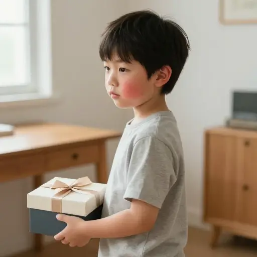 小男孩害羞地把礼物藏在身后。