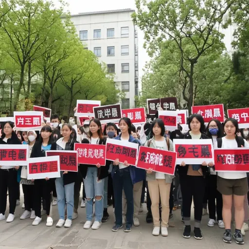 学生们在校园里集会抗议新政策。