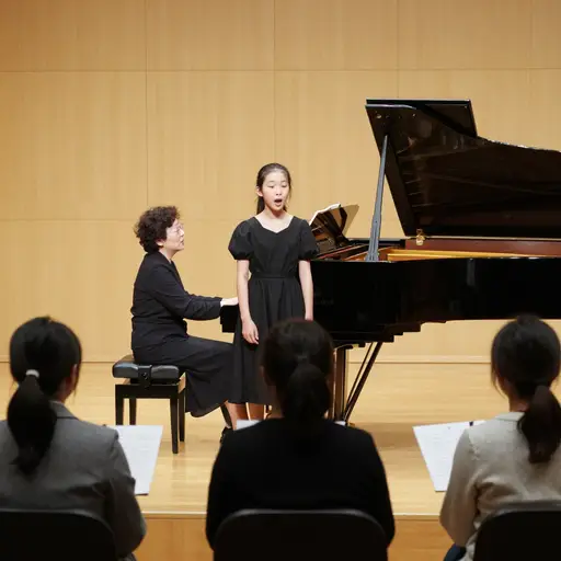 那位年轻学员在音乐学院考试中将全部情感倾注于咏叹调的演唱中。
