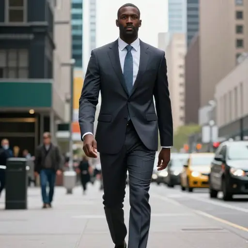 他是一个高大、黝黑的男人，走路带着自信，并且由于在商业世界的成功而对自己很有信心。