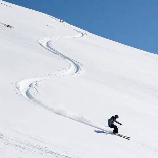 滑雪者沿着山坡呈之字形滑下。