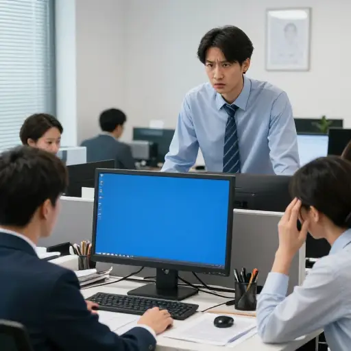 系统突然崩溃后，办公室里一片混乱。