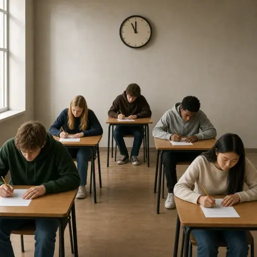 学生们在铃响前匆忙完成考试。