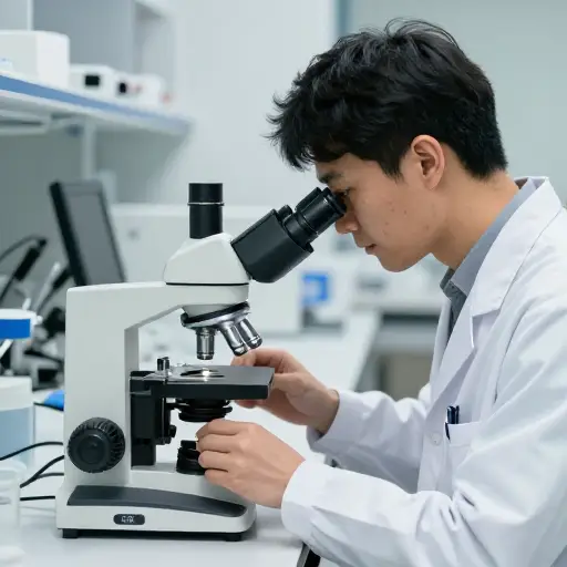 这位技术人员校准了研究实验室里的显微镜。