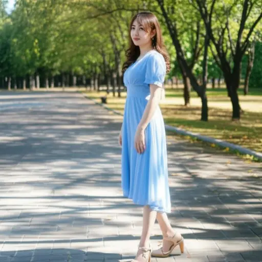 她穿了一条漂亮的蓝色连衣裙。