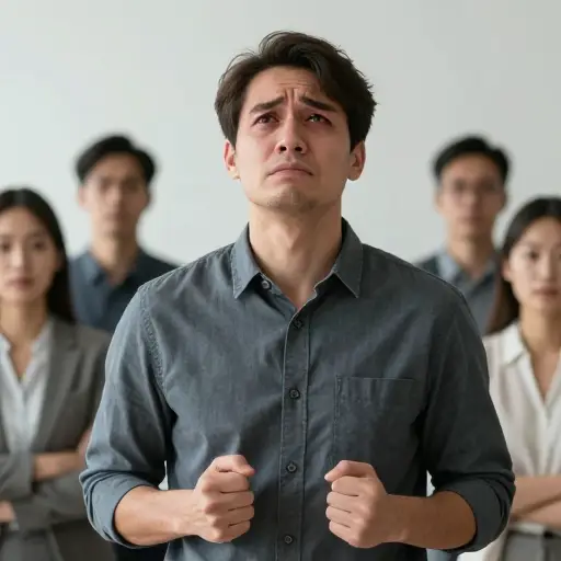 他努力忍住眼泪，不想在大家面前哭出来。