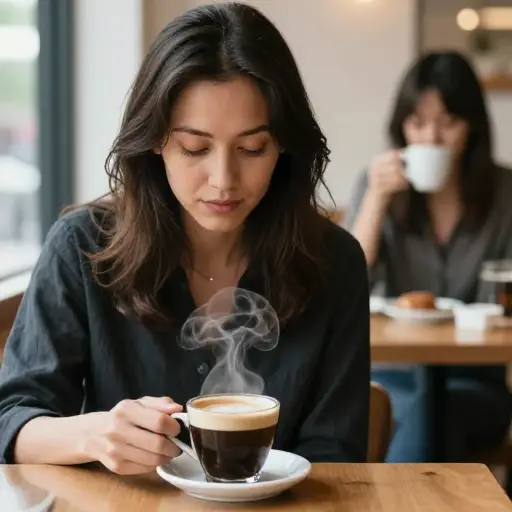 她等到咖啡冷却下来，然后喝了一小口。