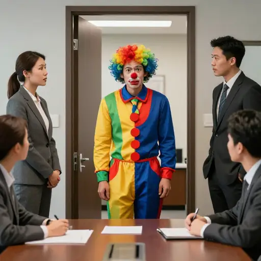 他觉得自己穿着小丑服装去开会很可笑。