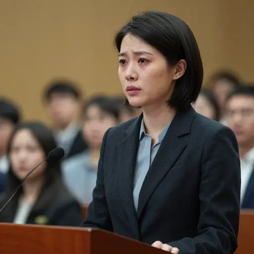在那场感人的告别演说中，她竭力忍住眼泪。