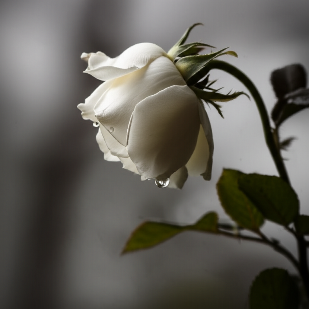 雨滴从白玫瑰的花瓣上滴落。