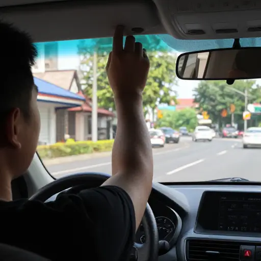 他调整了后视镜以获得更好的视野。