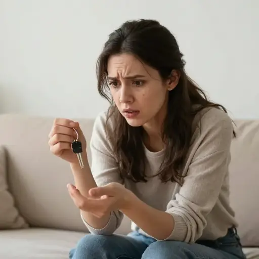 她找不到她的钥匙，因为她把钥匙丢了。