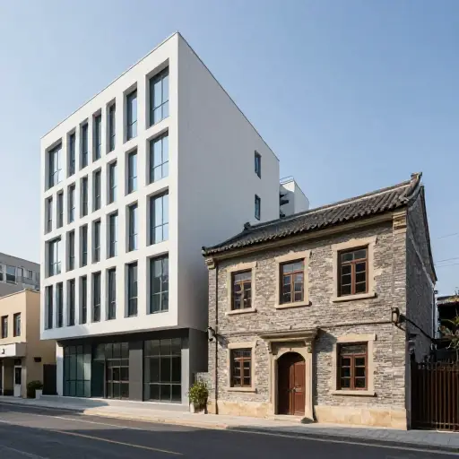 新建筑建在旧建筑旁边，保持了历史的连续性。