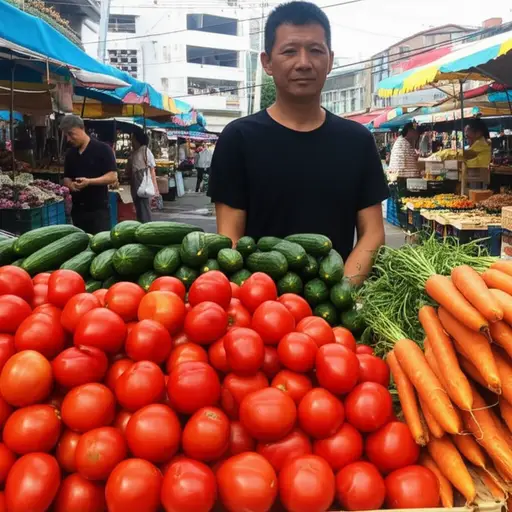 他在市场卖新鲜蔬菜。