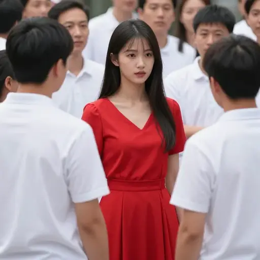 她鲜艳的裙子让她在人群中很显眼。