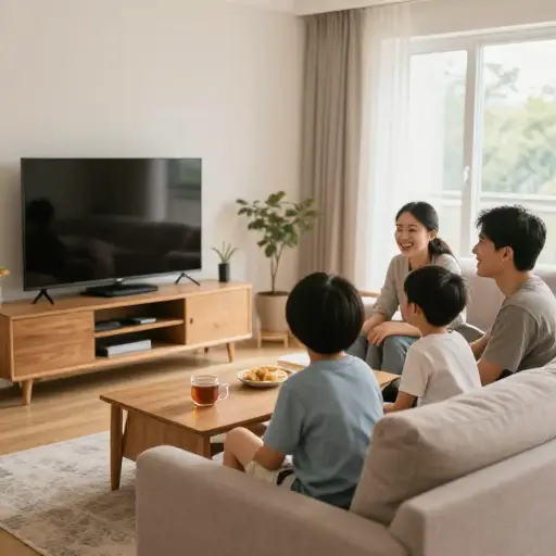 我们喜欢在客厅里聊天和看电视。