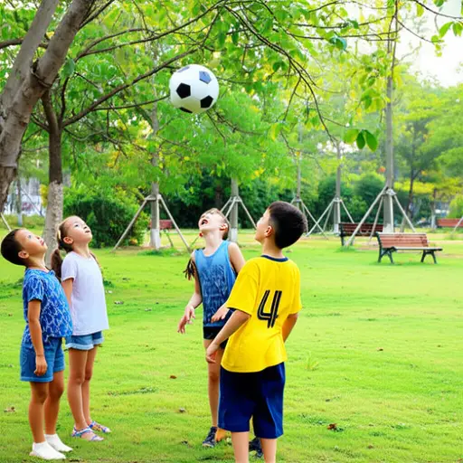孩子们在公园里踢足球时，有人不小心把球踢到了树上。