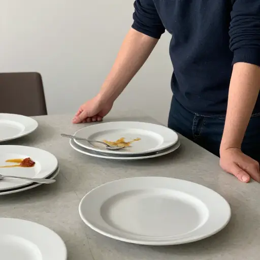 你能把桌子上的盘子收走吗？