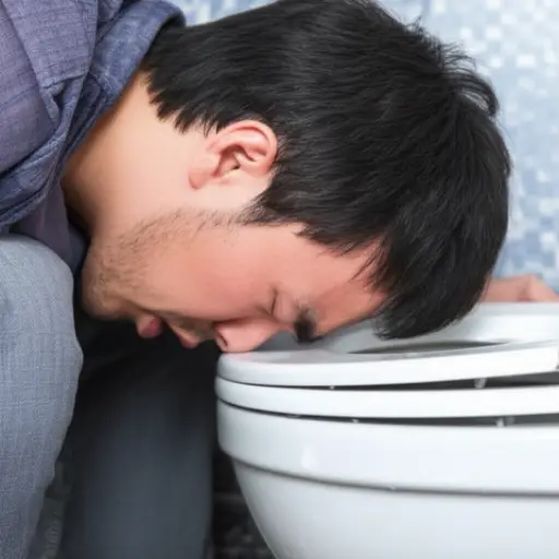 他喝了太多酒，最后在厕所吐了。