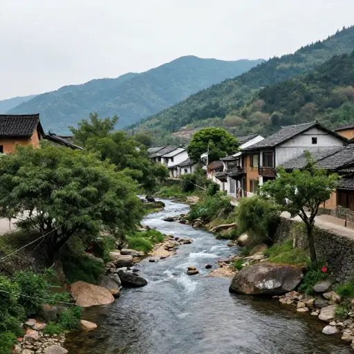 一条小溪蜿蜒穿过宁静的村庄。