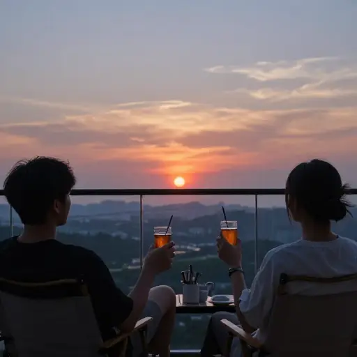我们在阳台上喝了一杯，看了日落。