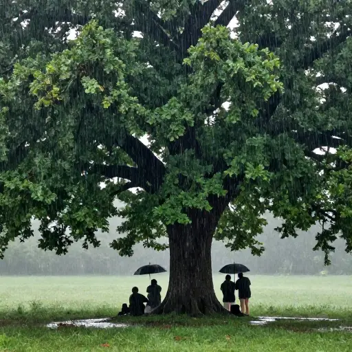 为了躲避倾盆大雨，他们躲在一棵大橡树下避雨。