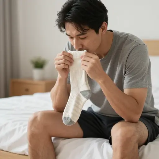 他闻了闻他的袜子，看看是否需要清洗。