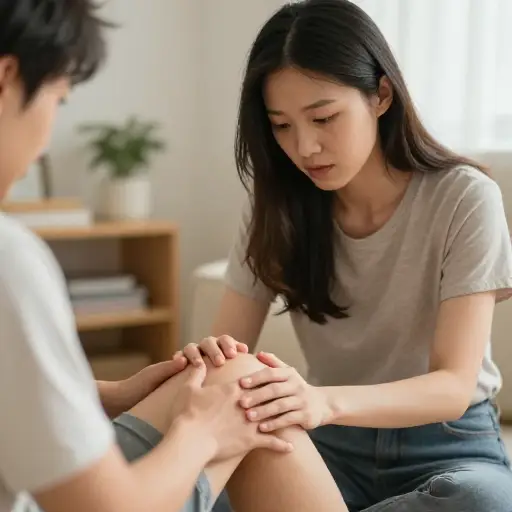 她试图通过手动按压关节来缓解我膝盖的疼痛。