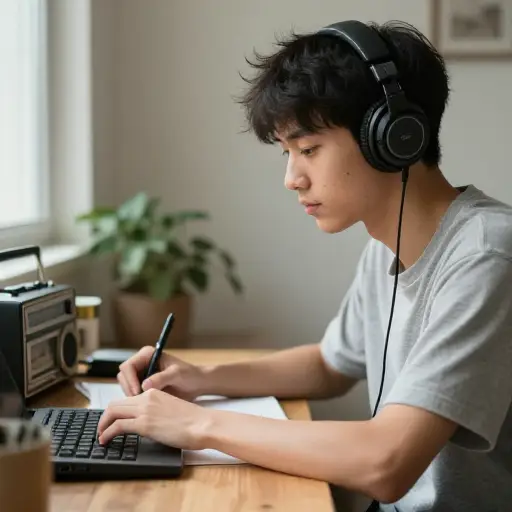 他通过听广播学英语。