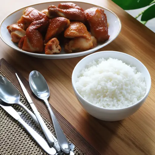 我们晚餐吃鸡肉和米饭。