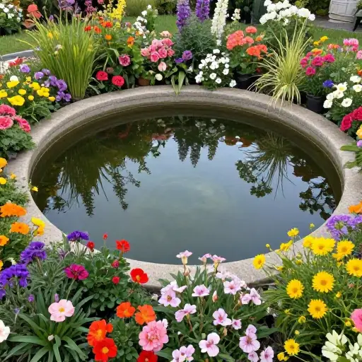 这个花园的特色是一个被鲜花环绕的美丽池塘。