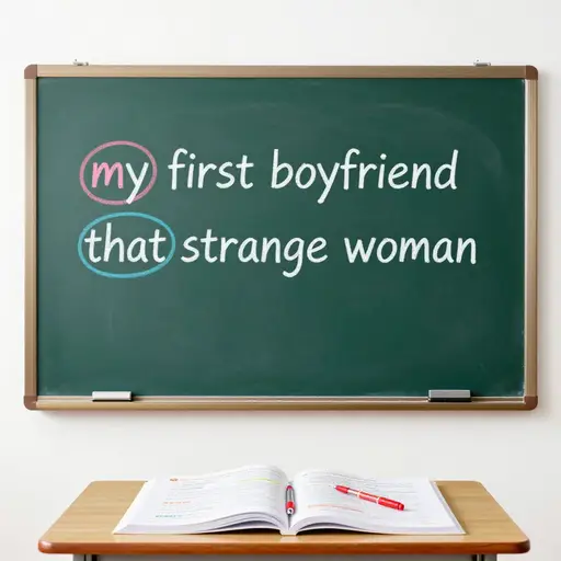 在短语'my first boyfriend'和'that strange woman'中，单词'my'和'that'是限定词。