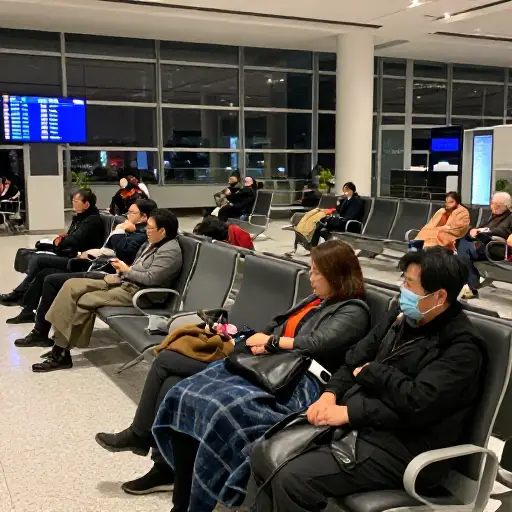 航班取消后，我们被困在机场过夜。