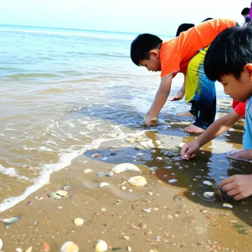 孩子们在海岸边捡贝壳。