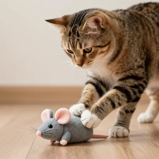猫喜欢玩玩具老鼠。