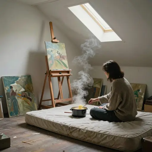 那位身无分文的画家靠方便面度过了数月，睡在没有暖气的画室地板的薄床垫上。