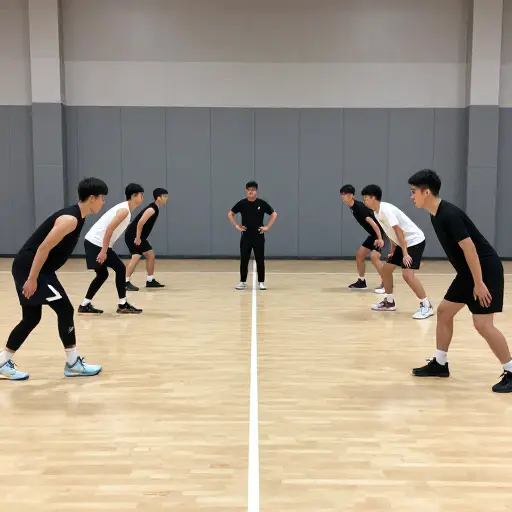 教练让我们练习横向移动以提升防守能力。