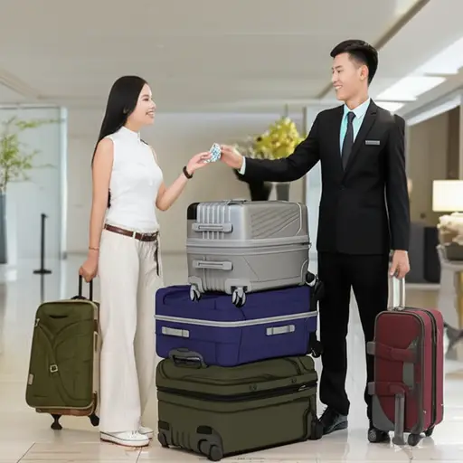 服务员帮我们搬了很多行李，我们给了他小费表示感谢。