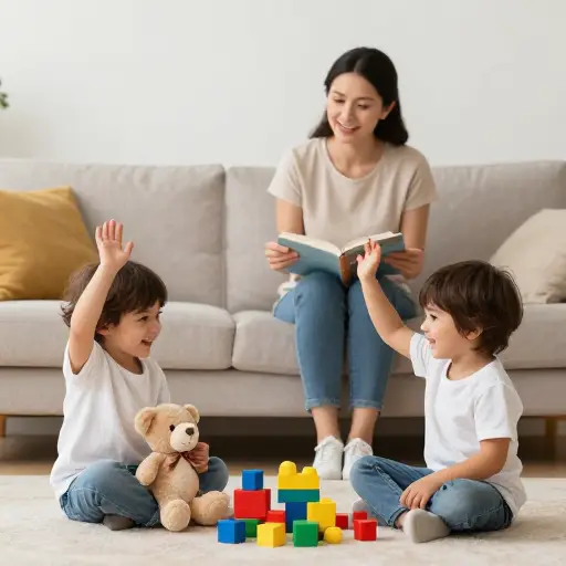 孩子们用玩具来转移妈妈的注意力。