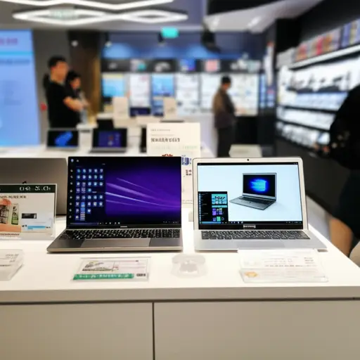 商店里有很多不同品牌的笔记本电脑。