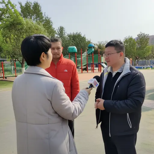 记者正在采访当地居民对新建公园的看法。